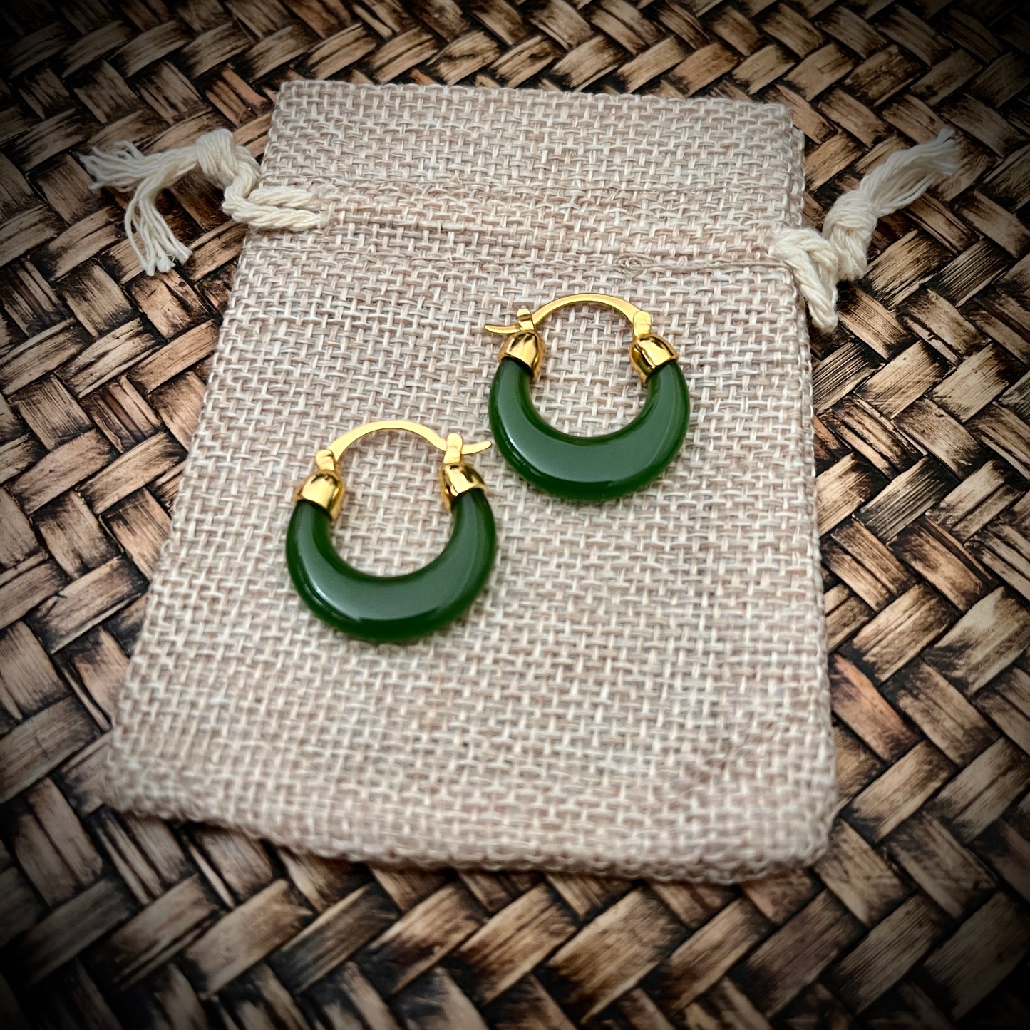 Crescent Maramaš Greenstone/Jade sleeper style earrings.