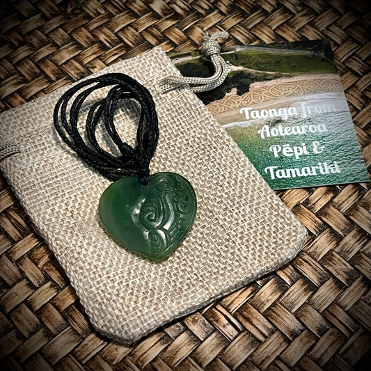 Pounamu Aroha Heart side carved Pendants~suited for all ages