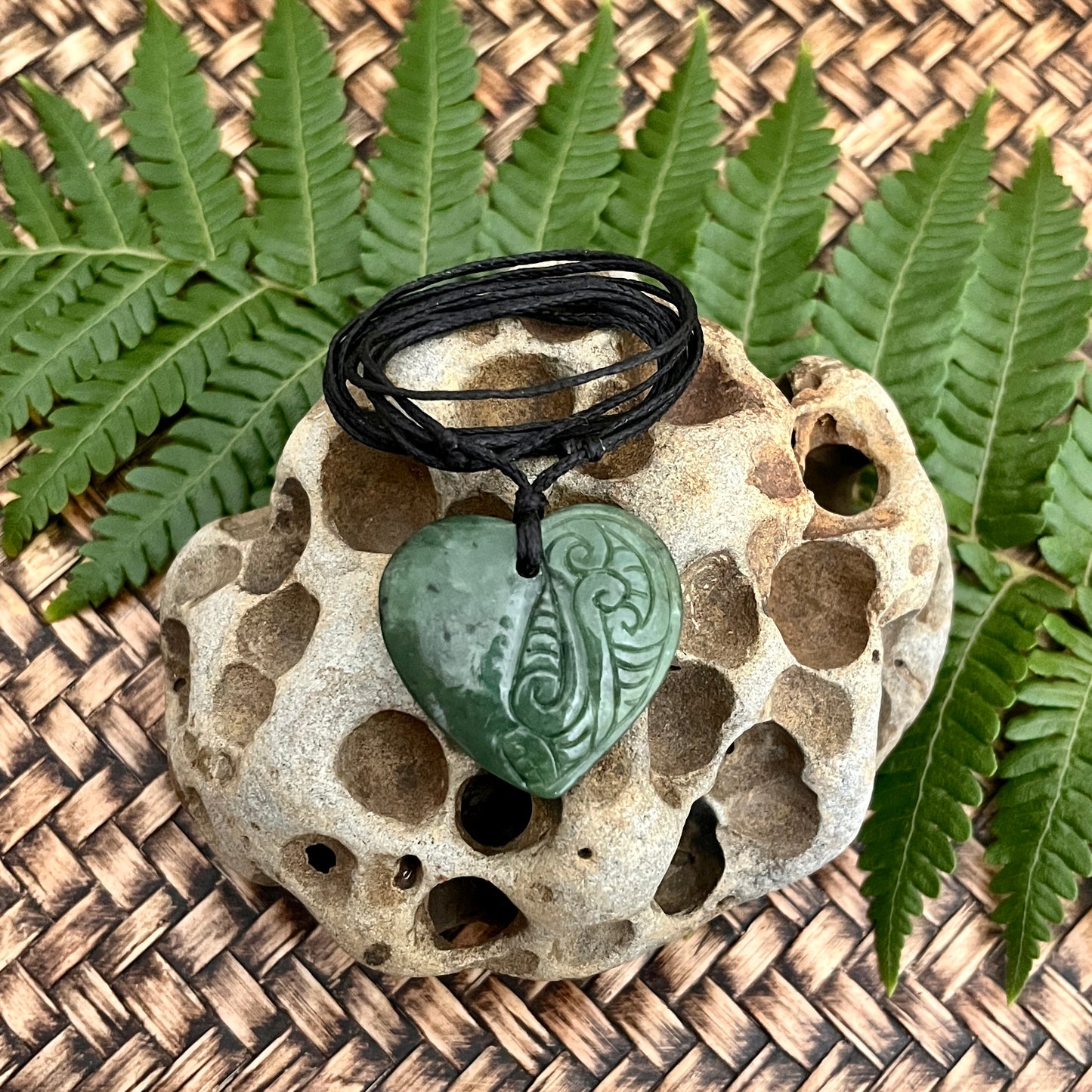 Pounamu Aroha Heart Pendant with side craving suited for all ages