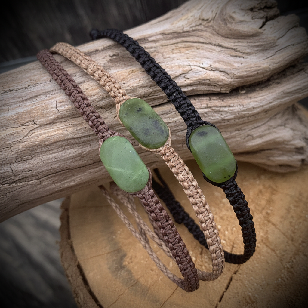 Greenstone macramé bracelets arranged on a natural driftwood branch